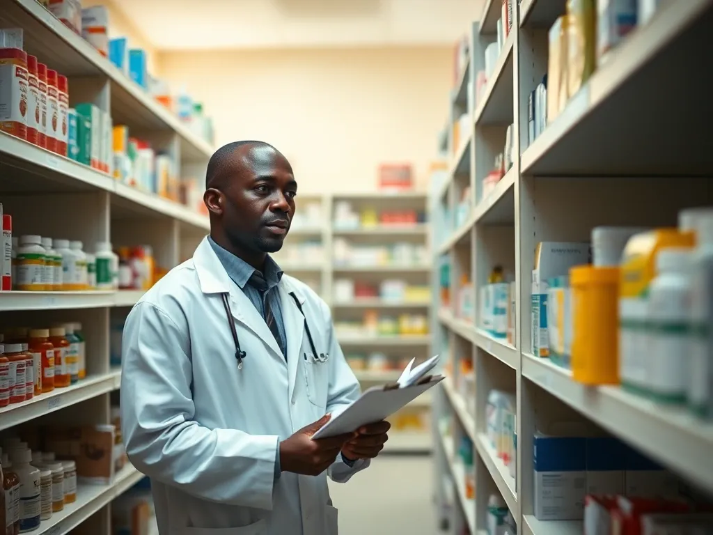 A pharmacist checking medicine stock on clinic pharmacy shelves