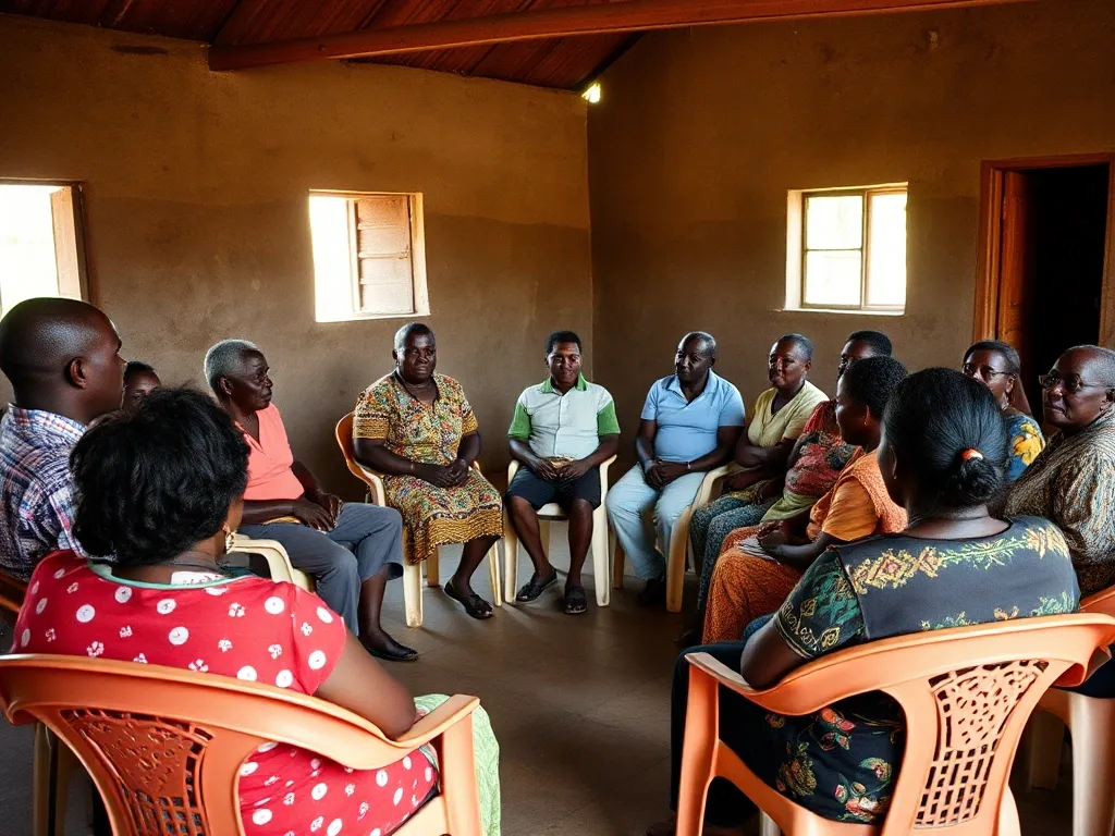 Community members and health officials seated in a circle, meeting in a community hall