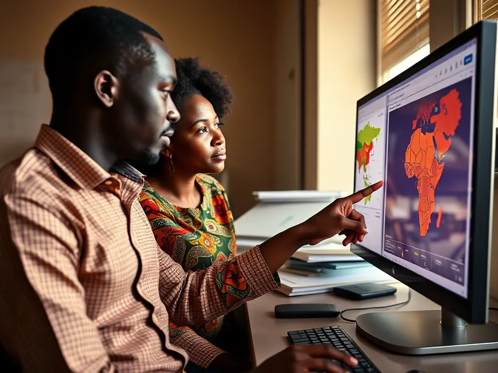 Two researchers reviewing a map of disease data on a computer screen
