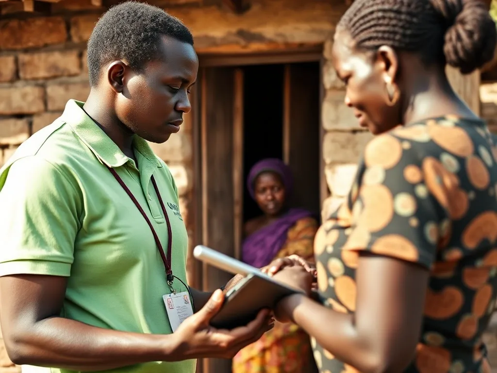 A community health worker recording answers on a tablet during a household interview