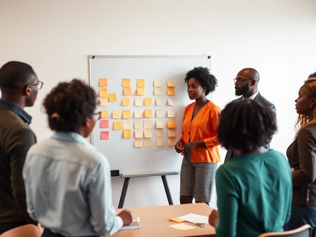 A facilitator sorting sticky notes on a whiteboard while workshop participants discuss