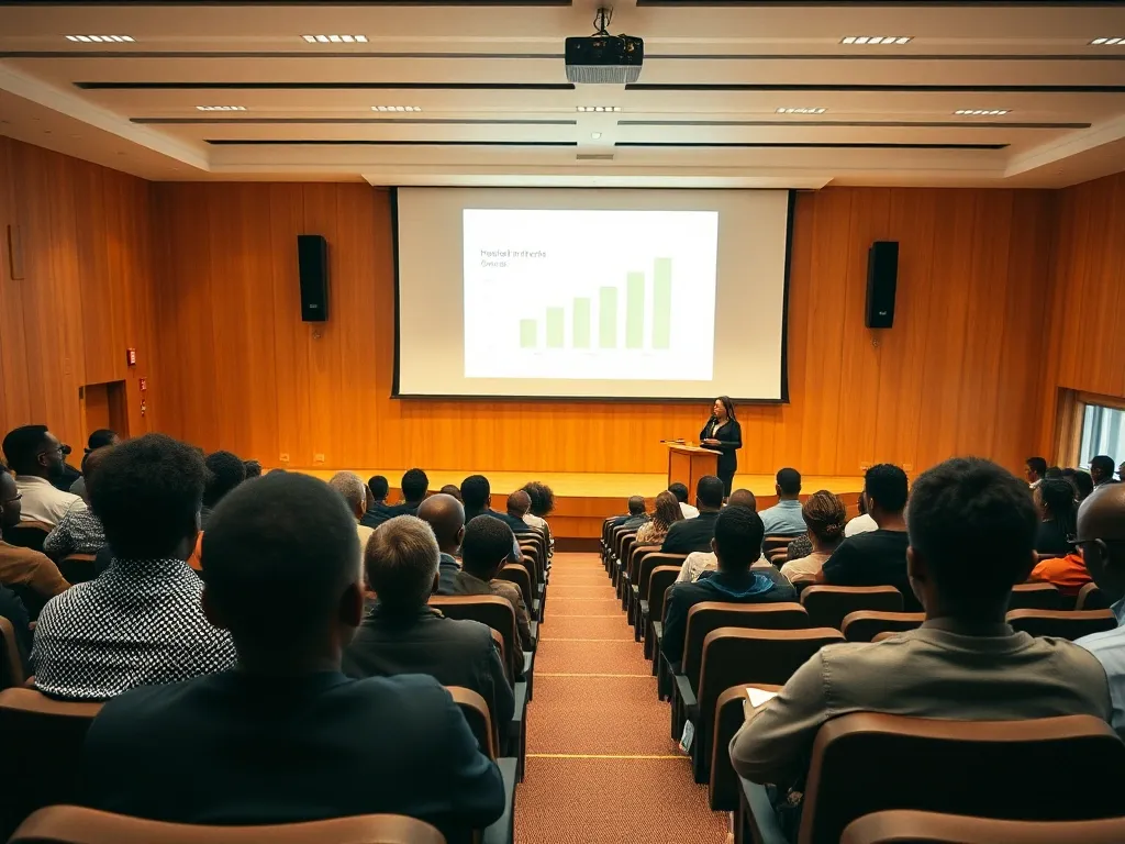 A lecture theatre seen from the back rows, with a presenter beside a projected chart