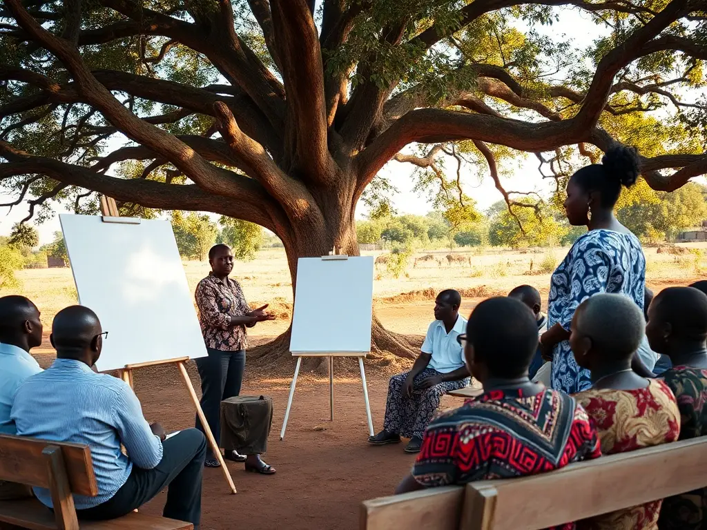 A researcher facilitating a community meeting held under a shade tree