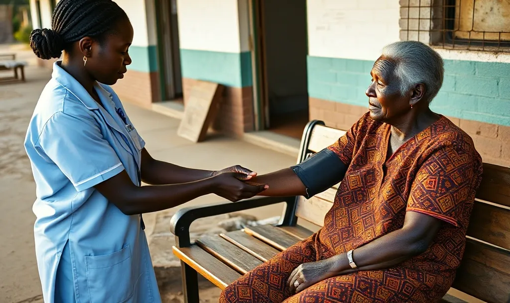 A nurse measuring an older woman's blood pressure outside a rural health centre