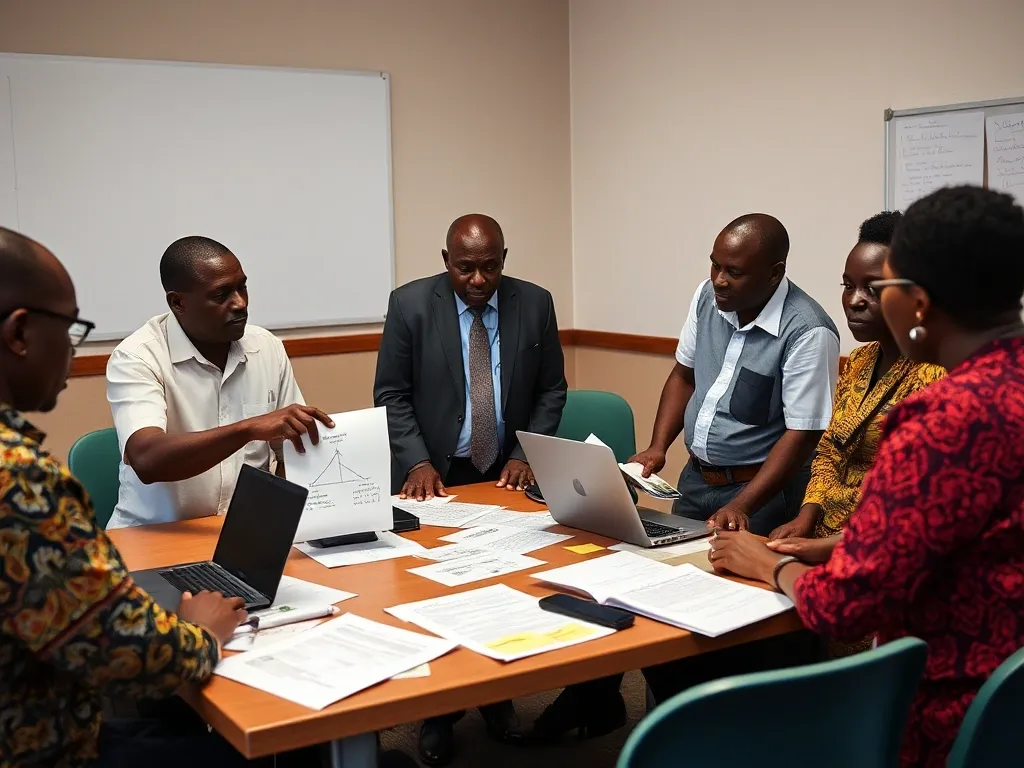 Health professionals working through printed notes and laptops around a seminar table